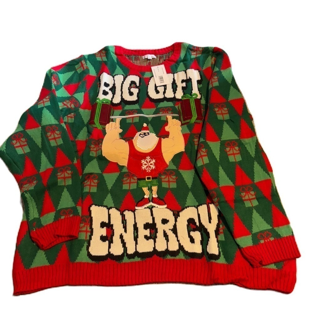 Big Gift Energy Weight Lifting Santa Ugly Christmas Sweater NEW 3X Red Green